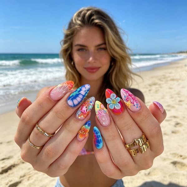 Ocean Press On Manicure Sæt, 24 Stykker Mandelform til Hurtige Looks