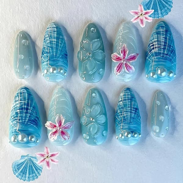 DIY Manikyr Mandel Press-Ons med Havblomst Aksentstil
