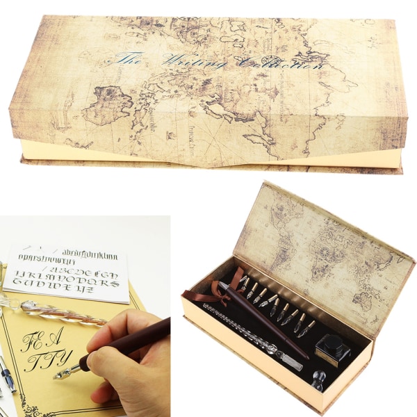 Antikt trä Dip Pen Set Inkluderar 2 Dip pennor bläckflaskor 10 pennspetsar för gotisk kalligrafi Presentsats för nybörjarkalligrafi