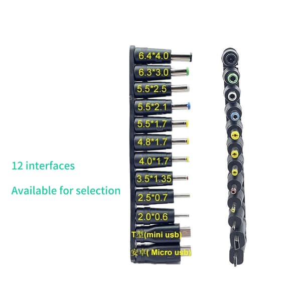 1 sett USB til 5.5x2.1mm 5V ladekabel med 12 stk adaptere for høyttaler