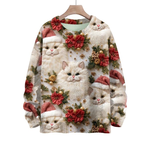 Langærmet julepullover til kvinder 3D Juleprintet Pullover Sweatshirt White XL