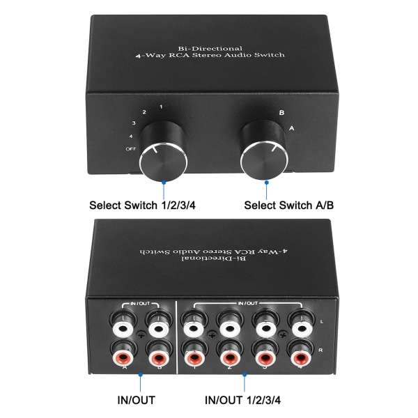 4-portars R/L Stereo Audio Switcher Tvåvägs RCA Switching Splitter Ljuddelning Aktiva högtalare Switch AC004A