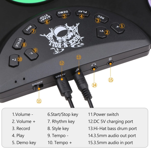 Elektroniskt trumset 9 pads Roll-up set med inbyggd högtalare, hörlurar, USB -uttag för barn Vuxna nybörjare Color