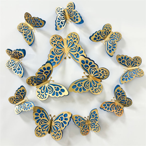 12 st/lot 3D ihåliga fjärilsväggdekaler Hemdekorationer Väggdekor Kylsklistermärken för festbröllopsvisning B