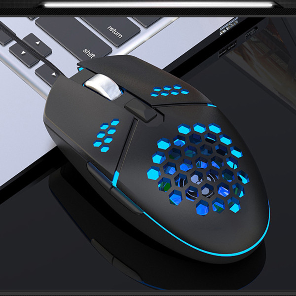 2000DPI justerbar 6-knappar Gamer USB trådbunden bikakeformad optisk mus RGB-spelmöss ihålig med fläkt för PC Black