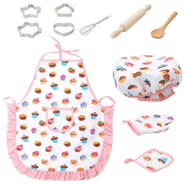 11 st Förkläde för små flickor Barn Matlagning Bakning Set Kock Hatt Mitt & redskap för toddler Dress Up Kock Kostym Roll för