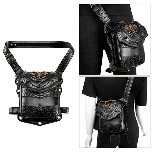 Steampunk Handväska Axelväska Myntbörs Dödskalle Ficka Nitar Motorcykel Benväska