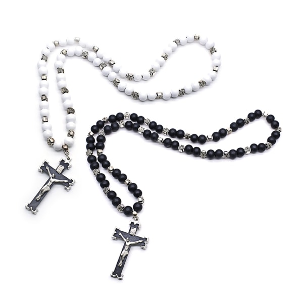 Rosenkrans halsband Jesus Kristus för kors hänge halsband Bead Long Chain Smycken White