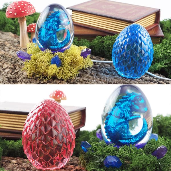 Draksäggsharts Silikonform med USB-driven träbelysningsbasstativ Scaled Dragon Egg