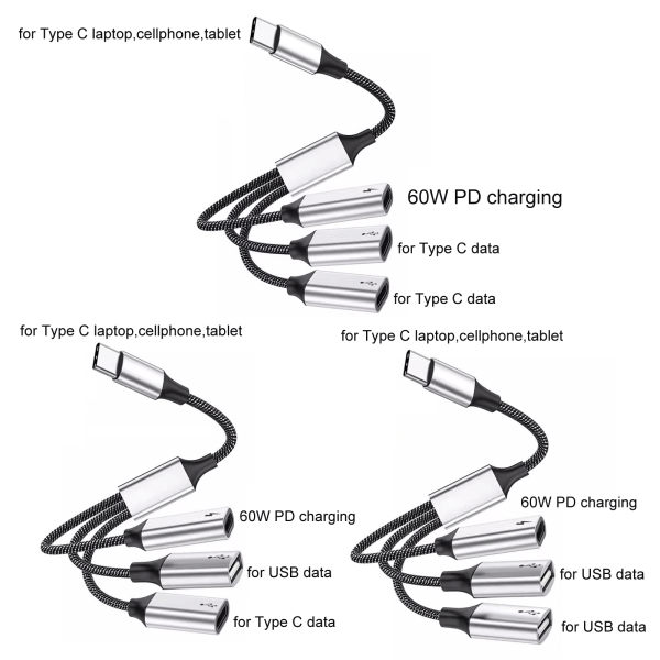 USB C Hub 3 i 1 Typ C USB2.0 Adapter Splitter med 60W power OTG-port Snabb dataöverföring och laddning 2 Type C 1 USB
