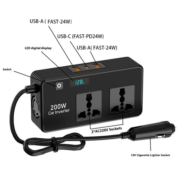 Bilpluggadapter Uttak Konverter Digital Skjerm Bil Strømomformer 200W