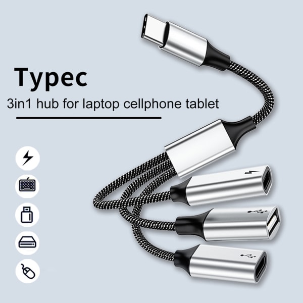 USB C Hub 3 i 1 Typ C USB2.0 Adapter Splitter med 60W power OTG-port Snabb dataöverföring och laddning 2 Type C 1 USB