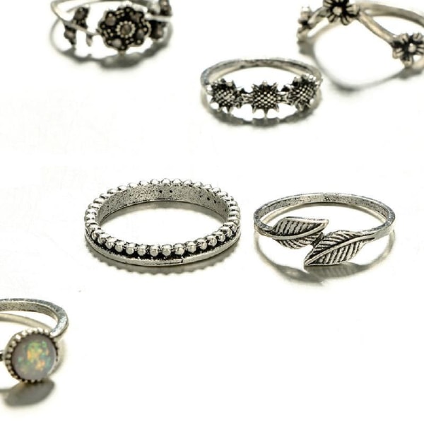 14 st Vintage Silver Moon Star Flower Leaf Midi Finger Rings Vintage Rings Band Kit Bohemiska smycken för dagligt slitage