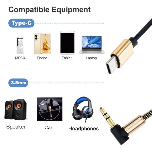 USB C til 3,5 mm spirallydskabel bilstereoledning 1,8 meter forlængerkabel