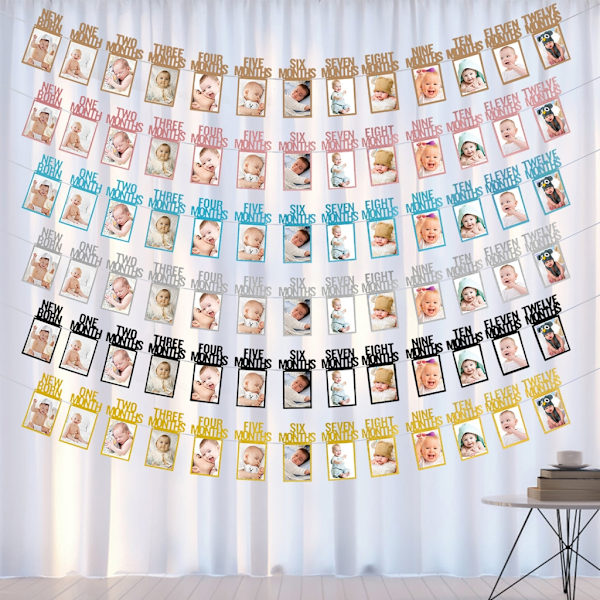 12 månader Fotoram Banderoller Grattis på födelsedagen Dekoration Första pojke Flicka Fest Papper Girlander Baby 1:a Ett år Bunting Pink