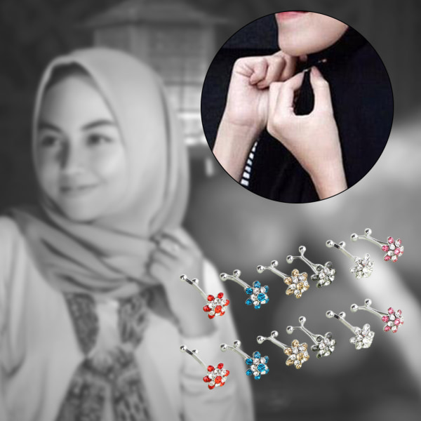 12 st för Rhinestone Flower Muslim Hijab Scarf Metall U Clips Sjal Säkerhetsbrosch