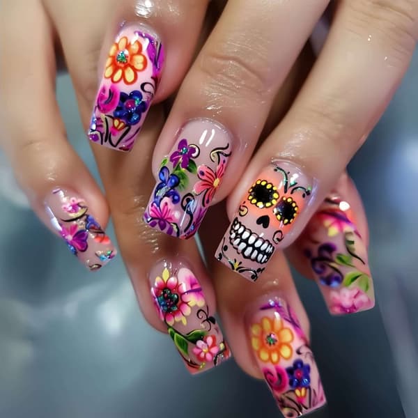 Blomstret Halloween Press On Manicure Sæt til Temafest-looks