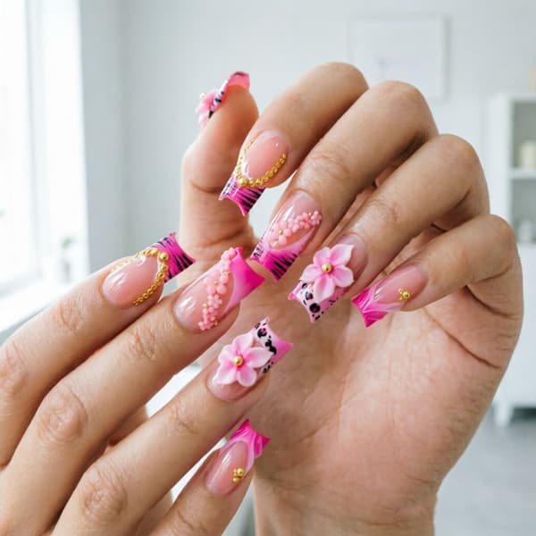 Pink Gradient Manicure Neglesæt med Blomsterdetaljer og Leopardkontrast