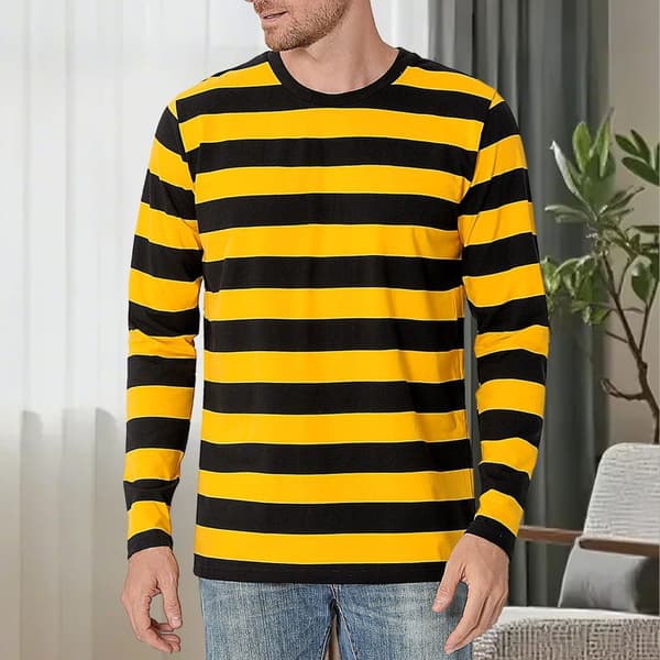 Stribet langærmet T-shirt med rund hals til mænd, basic afslappet top Yellow L