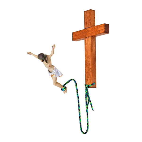 Unikt religiöst konstverk Bungee JumpingJesus Cross Handgjord trädbevuxen hartsskulptur Dekorativ prydnad Väggdekorationer