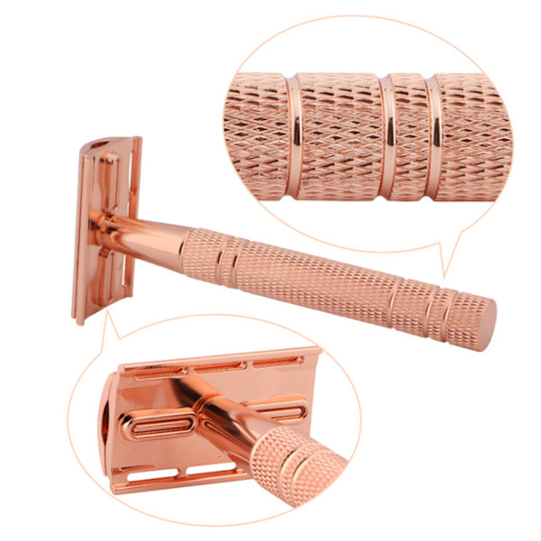 Bärbar klassisk dubbelkantssäkerhet för rakhyvel Premium handhållen män metall för rakhyvel med 10 st påfyllningsblad för all hud Rose gold