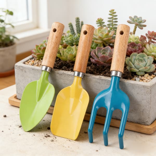 3 stk. hageredskaper for barn, liten sandspade, håndholdt rive, planting og graving