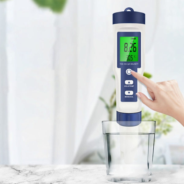 Bärbar PH-mätare 5-i-1 digital TDS-mätare Vattentestare med bakgrundsbelysning TDS/PH/ORP/EC/Temp-mätare med ATC- för akvarium