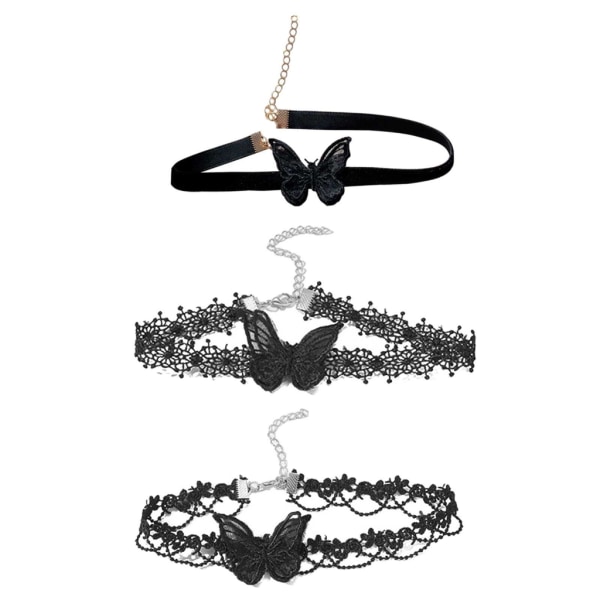 3 st Spetsfjärilshalsband Vintage Black Choker Halsband Nyckelbenskedja Halsband Fairy Smycken Present för kvinnor Flickor