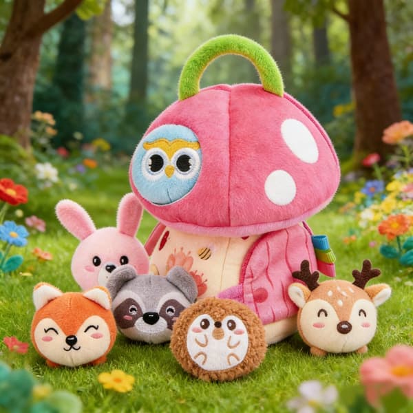 Tecknad plyschdocka svamphus sensorisk gosedjur för resor och hemmabruk