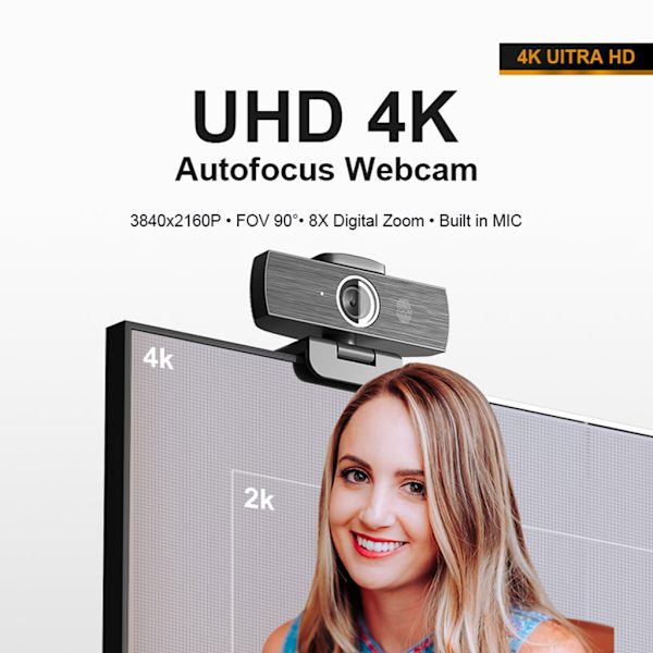4K Webcam Mini Kamera Webcam Med Mikrofon Autofokus Webkamera til PC
