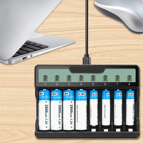 LCD-skärm batteriladdare med 8 platser Effektiv laddare med individuell laddning för AAA AA uppladdningsbara batterier