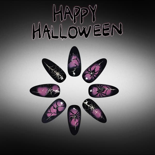 Lang Halloween Press On Manicure Sort Lilla Feststil Sæt