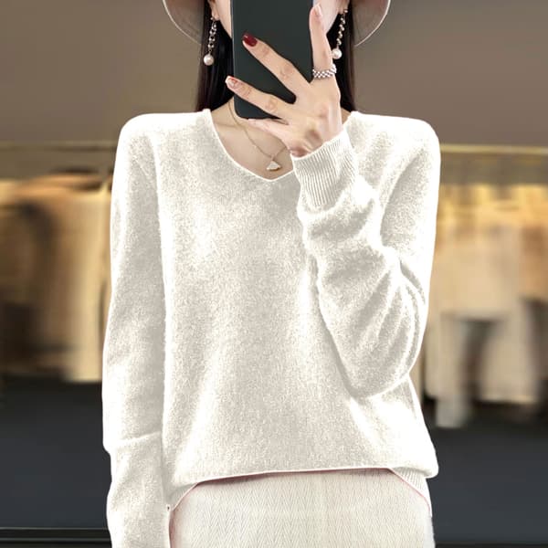 Dame V-hals Strikket Sweater Afslappet Løs Langærmet Pullover Jumper Toppe White M