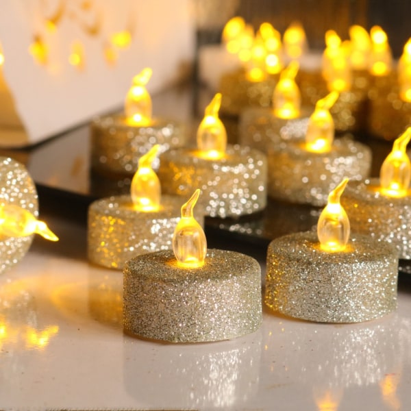 12st LED värmeljus Batteridrivet värmeljus Glitter Flameless Candle Bröllopsljus för jul födelsedagsfest Hem Gold