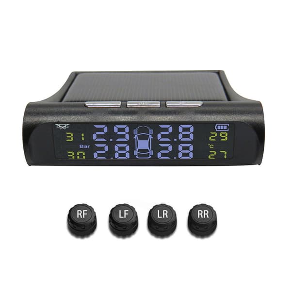 Trådlöst solcellsdrivet TPMS LCD-bildäckstrycksövervakningssystem 4 externa sensorer