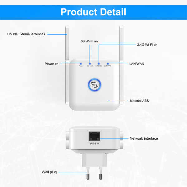 5G Wifi-signalförstärkare Long Range Wifi Repeater Wi-Fi Network Extender 1200Mb 5Ghz trådlös wi-fi-booster Black EU