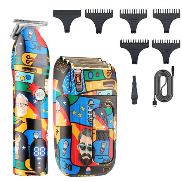 LCD-display för män 2-i-1 Graffitis Hårklippare Rakapparat Set med 5 kamtillbehör