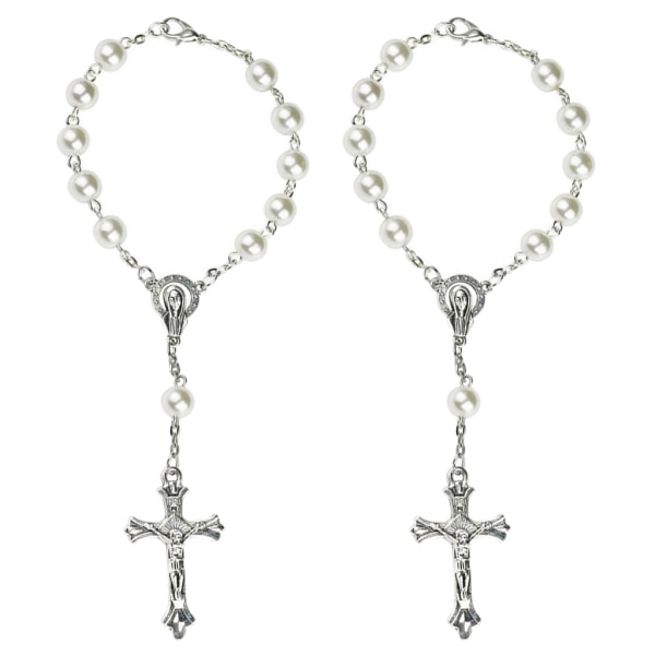 2 delar/ Set Katolskt rosenkransarmband Vita imiterade pärlpärlor Kristus för korskrucifix Armband av Our Lady of Jesus
