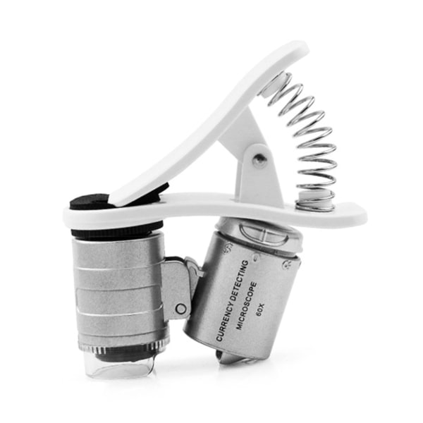 60X mikroskopbelysning förstoringsglas förstoringsglas med mobiltelefonklämma UV & LED-ljus för utskrift gravyr