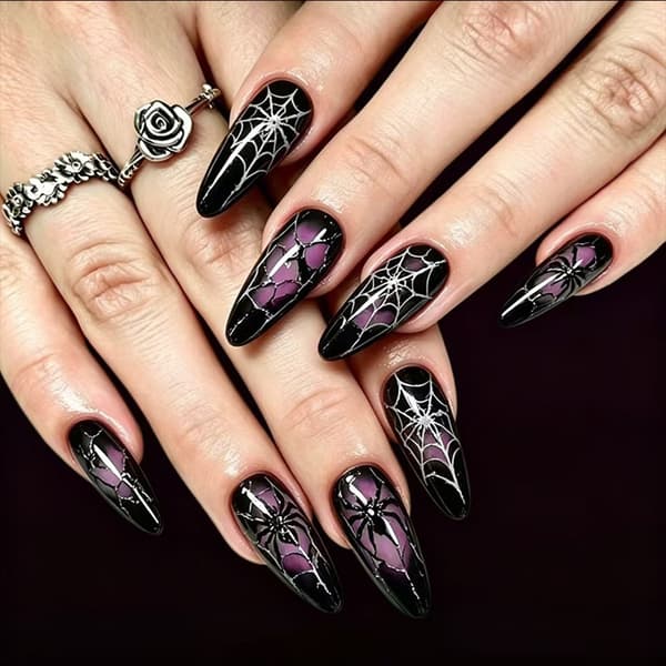 Lang Halloween Press On Manicure Sort Lilla Feststil Sæt