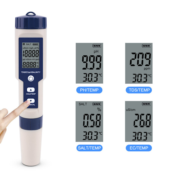 5 i 1 salthaltsmätare Hög noggrannhet Vattentät vattenkvalitetstestare Akvarium Havsvattendetektor TDS 0--1000ppm