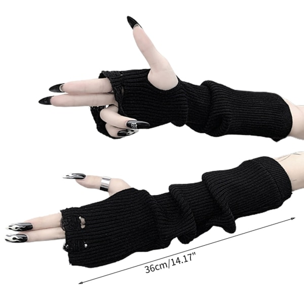 Kvinnor Gothic Punk Knit Black Fingerless Handskar Ripped Hole Vantar Arm Warmers