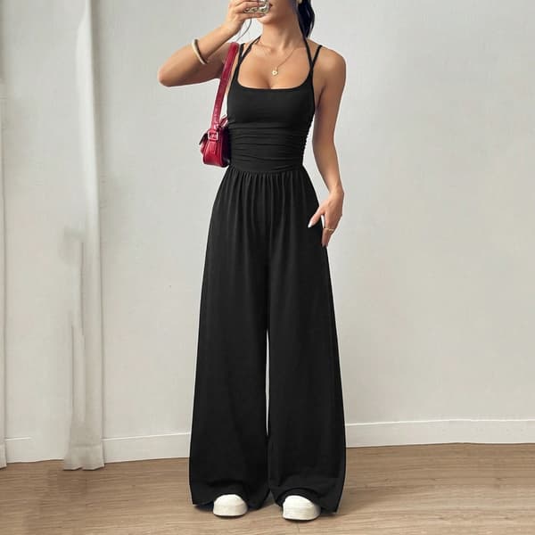 Fritidsjumpsuit til kvinder med stropper, bredbenede, baggy bukser, heldragt black L