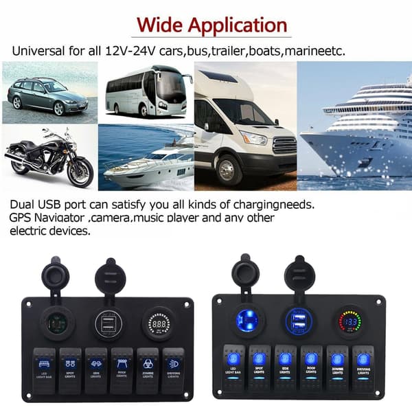 Dobbel USB-lader Voltmeter 6 Gang Bryterpanel LED Lys Bar for Maritim Bruk