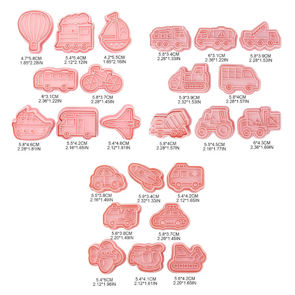 24st/ set Kakformar Plast Tecknad Transporttema Pressbara molds Kakstämplar Köksbakverk Verktyg