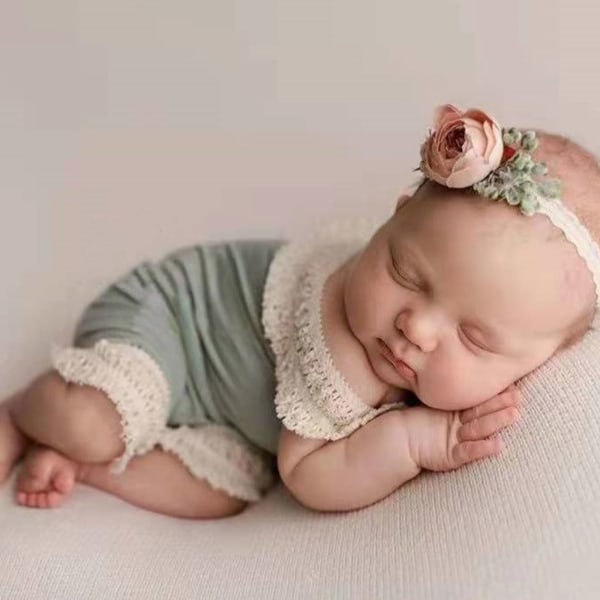 Nyfödd fotografi rekvisita Baby flicka bomull Romper med blomma pannband Fotografi Kläder Outfit