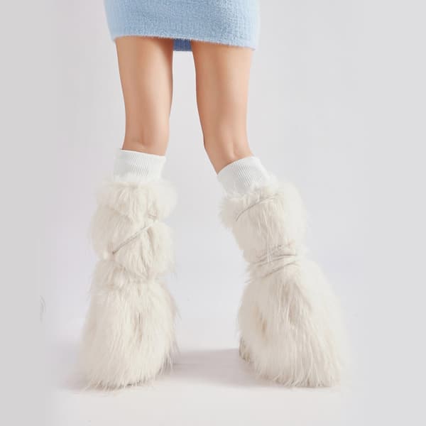 Furry Benvärmare med Snören för Kvinnor Vinter Ribbade Muddar Plysch Stöveldamasker