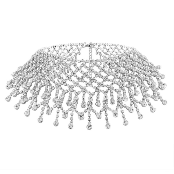 Layered Tassel Crystal för Rhinestone Choker halsband bröllop bred krage Jewelr Silver