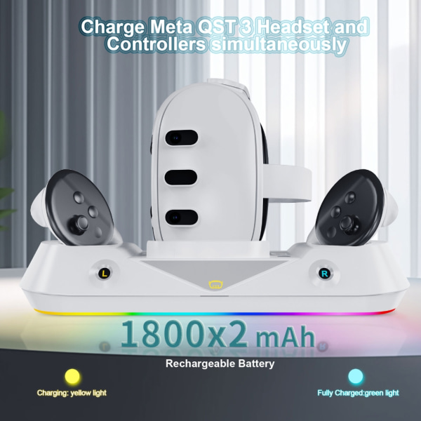 Laddningsdocka med LED-ljus för Meta Quest 3 VR-skärmstativ och kontrollfäste, 2 uppladdningsbara batterier