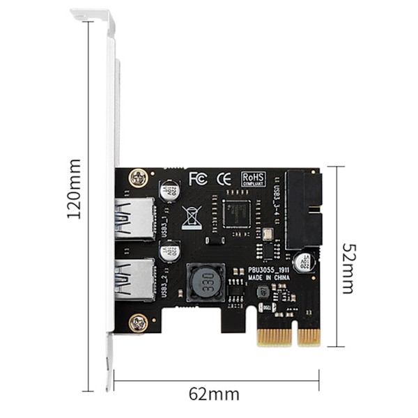 PCI-E till 2-portar USB 3.0 expansionskort PCI för Express Desktop External Controller Adapterkort med 19-stifts power